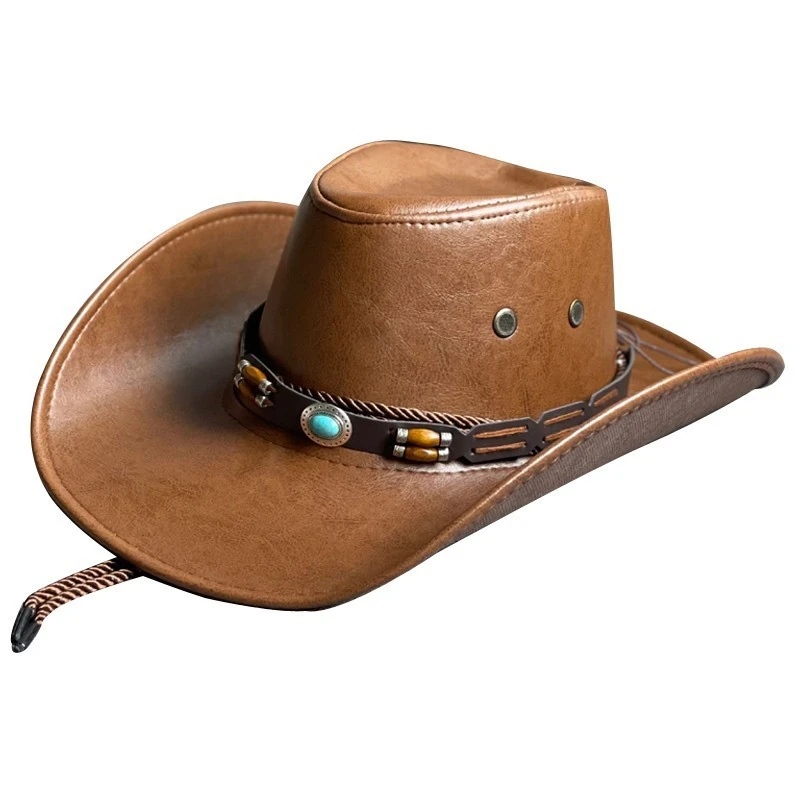 Chapeau De Cowboy En Similicuir Avec Cordon De Serrage 5 Chapeau De Cowboy En Similicuir Avec Cordon De Serrage – Image 3