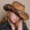 Chapeau Western Femme Avec Ruban à Fleurs Roses Brodées