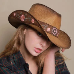 Chapeau Western Femme Avec Ruban à Fleurs Roses Brodées