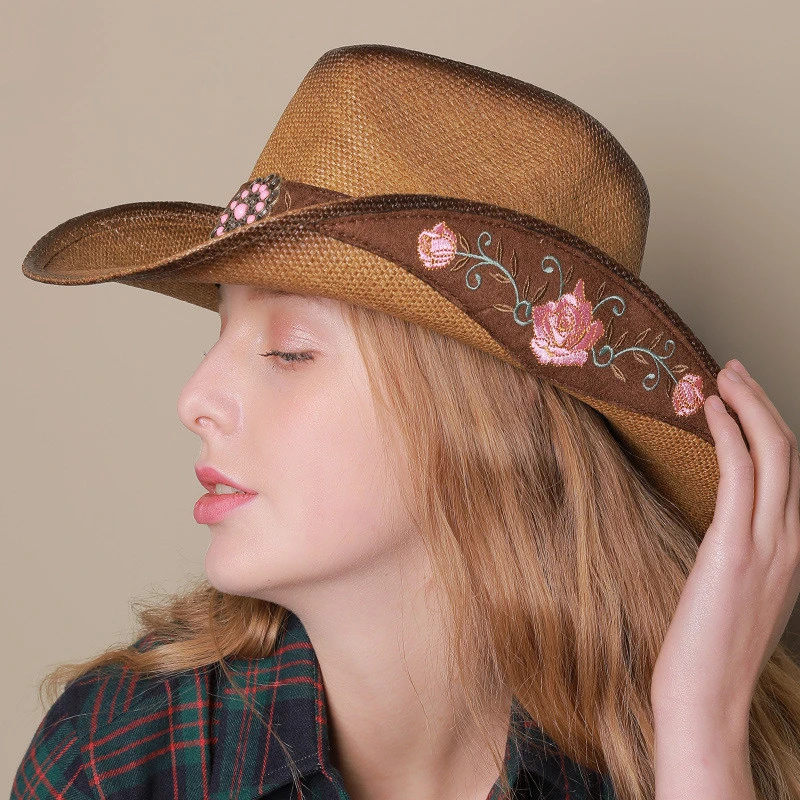 Chapeau Western Femme Avec Ruban à Fleurs Roses Brodées 5 Chapeau Western Femme Avec Ruban à Fleurs Roses Brodées – Image 3