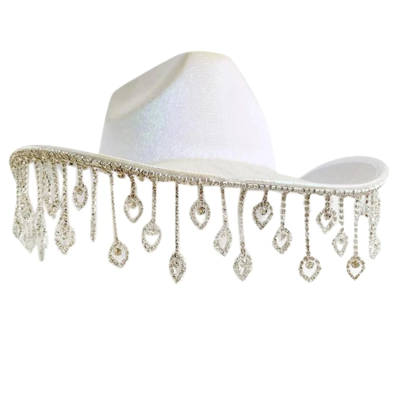 Chapeau De Cowboy Blanc à Franges En Strass 6 Chapeau De Cowboy Blanc à Franges En Strass – Image 4