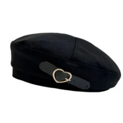 Chapeau Style Béret Noir Pour Femme Avec Une Boucle En Cœur